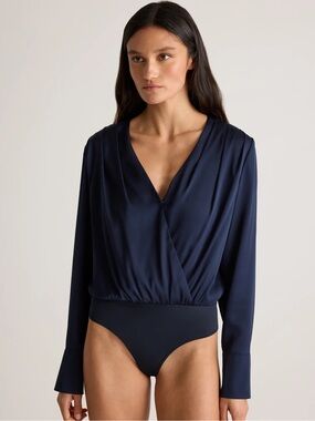 New Quince Silk Bodysuit Navy Blue Womens Medium Washable Stretch Surplice NWT